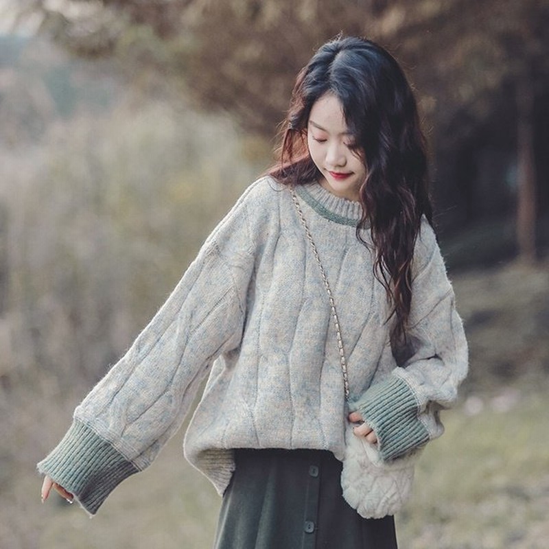 長袖セーター トップス レディース セーター ニット 長袖ニット ラウンドネック アクリル 襟なし 袖あり 長袖 カラー グリーン 緑 グレー 灰色 サイズ 通販 Lineポイント最大0 5 Get Lineショッピング