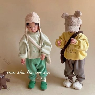 男女童秋冬季新款套裝童裝 兒童加絨加厚保暖卡通衛衣 套裝兒童運動褲Ki