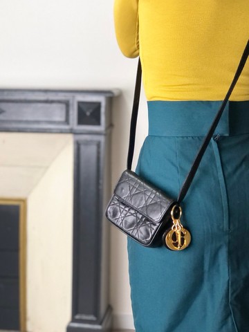 【日本直送 名牌古著包】Christian Dior 籐格紋 Lady Dior 手提包 黑色 皮革 迷你包 mppar4