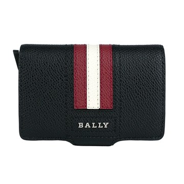 BALLY 紅白條紋防刮皮革防盜按壓式卡夾(黑色)