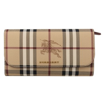 BURBERRY 巴寶莉   金字防刮戰馬圖騰皮革暗釦長夾(卡其x紫紅邊)*A
