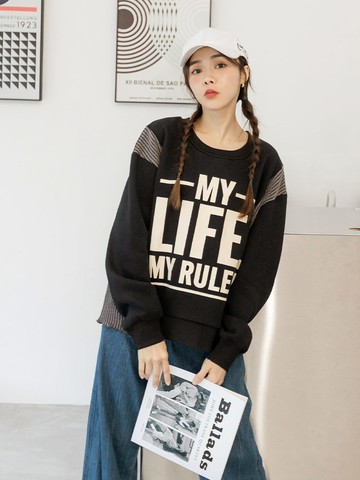 棉質立體織紋拼接印花長袖上衣