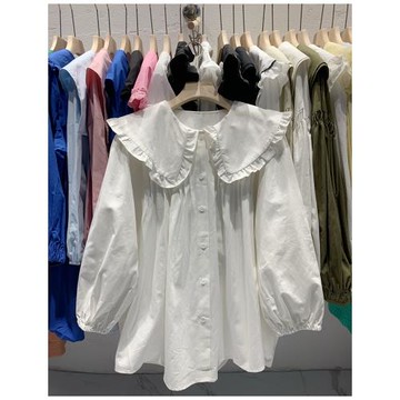 加厚娃娃領可愛減齡長袖襯衫女長袖洋氣百搭寬松上衣氣質襯衣2023