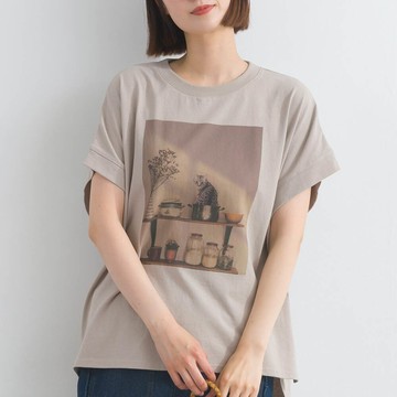 日本 Lupilien - 16支天竺棉 療癒印花法式袖上衣-貓咪的房間-淺棕