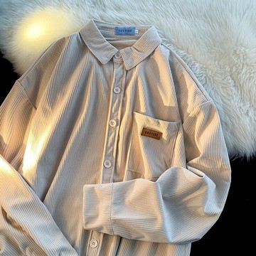 薄款燈芯絨襯衫男高級感潮流百搭日系復古寬松休閑襯衣長袖上衣服