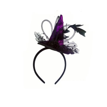 【摩達客】萬聖派對頭飾★紫色蕾絲羽毛巫婆帽髮箍