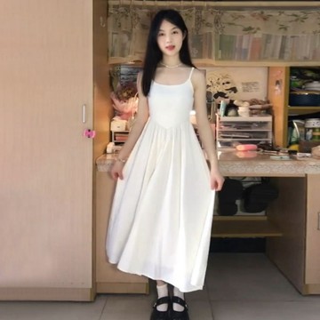 【T-2】🖤 法式白色吊帶洋裝 氣質收腰顯瘦溫柔法式初戀小白長裙