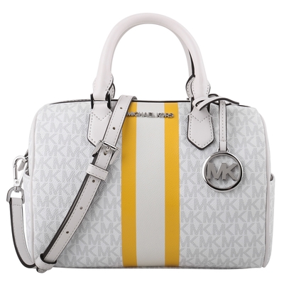 MICHAEL KORS 金字黃白條紋防刮兩用波士頓包(白)S