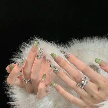 💥Hannah💥爆炸新款純手工穿戴新款顯白氣質綠色漸變爆閃新中式美甲新娘小紅書衕款韓式仙女穿戴甲