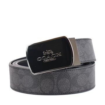 COACH 男款 琺瑯釦頭緹花LOGO防刮寬版皮帶-灰黑黑
