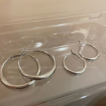 限時特賣🔥 銀色素圈s925銀針耳圈女2024新款爆款圓臉耳環輕奢高級感圈圈耳飾