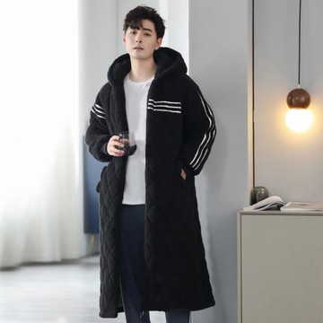 連帽睡袍男士冬季加厚加絨長款珊瑚絨睡衣拉鏈三層夾棉羊羔絨浴袍