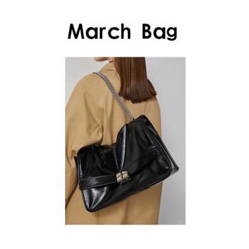 March Bag小眾黑色鏈條流浪軟包 2024通勤風單肩斜挎女郵差托特包