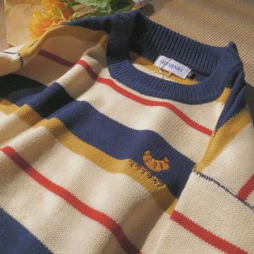 Daiwing秋冬復古民族風撞色條紋針織衫潮牌寬松情侶套頭毛衣男女