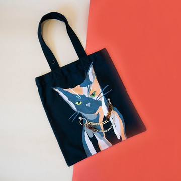 貓咪雙面插畫帆布包黑色-三花貓(包鍊項鍊兩用)