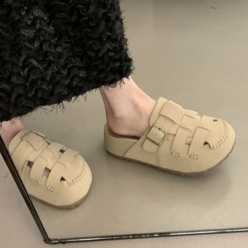 【現貨出清】穆勒鞋．街頭絨面拼接簍空金屬釦厚底拖鞋．白鳥麗子