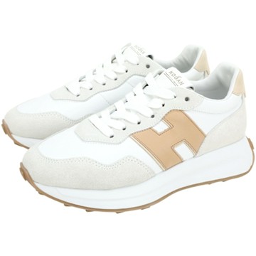 HOGAN H641 字母飾邊卡其尾麂皮拼納帕皮革繫帶運動鞋(女鞋/白色)