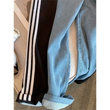 夏季高街創意小眾寬松直筒牛仔褲撞色拼接豎條紋個性中腰褲子男女