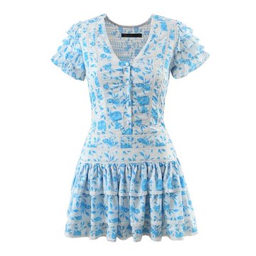 2023秋外貿女裝女裝新款花邊拼接印花松緊收腰連衣裙   9213