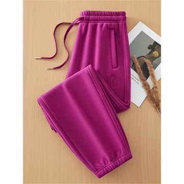 100%棉束腳衛褲女秋冬全棉火龍果色女士運動褲加絨純棉休閑褲子