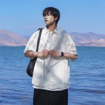 白色襯衫男士夏季日系寬松翻領工裝短袖美式純色百搭休閑上衣外套