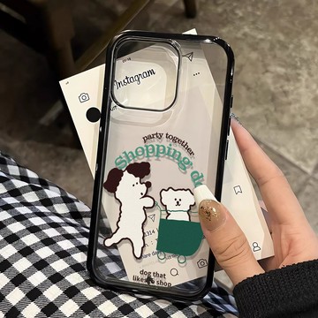 購物推車小狗適用蘋果iPhone17Pro 16 15 14 13 12 11 Pro Max黑邊透明亞克力防摔手機殼