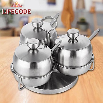 LIFECODE《收納王》不鏽鋼旋轉三味調味料盒(附匙子)