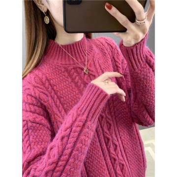 2025年秋冬半高領麻花套頭毛衣女寬松新款爆款內搭針織打底衫加厚