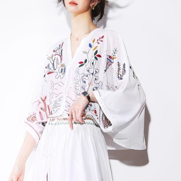 N81海底世界刺繡植物圖案寬松V領薄款防曬外套寬松高腰五分袖襯衫