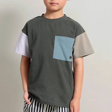 日本 BRANSHES - 純棉簡約大口袋短袖上衣-撞色-藍灰