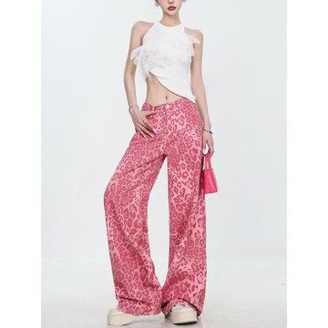 ABWEAR多巴胺夏季新款豹紋牛仔褲女薄款直筒顯瘦寬松闊腿拖地長褲