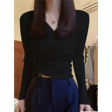 秋冬白色交叉v領針織衫女辣妹內搭打底毛衣羊毛衫高級感軟糯上衣