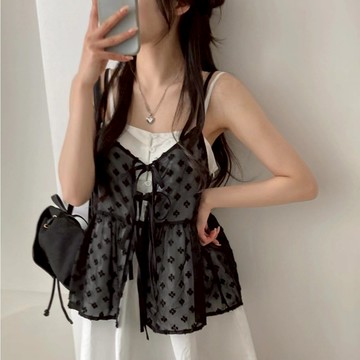 ZUCA”S - 韓版甜美小清新V領繫帶疊穿網紗背心 小可愛 女裝 衣服 夏天女裝 罩衫 -V-39