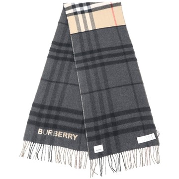 BURBERRY 巴寶莉 100%喀什米爾字母格紋拼色羊絨圍巾(168x30CM/典藏米黑色)