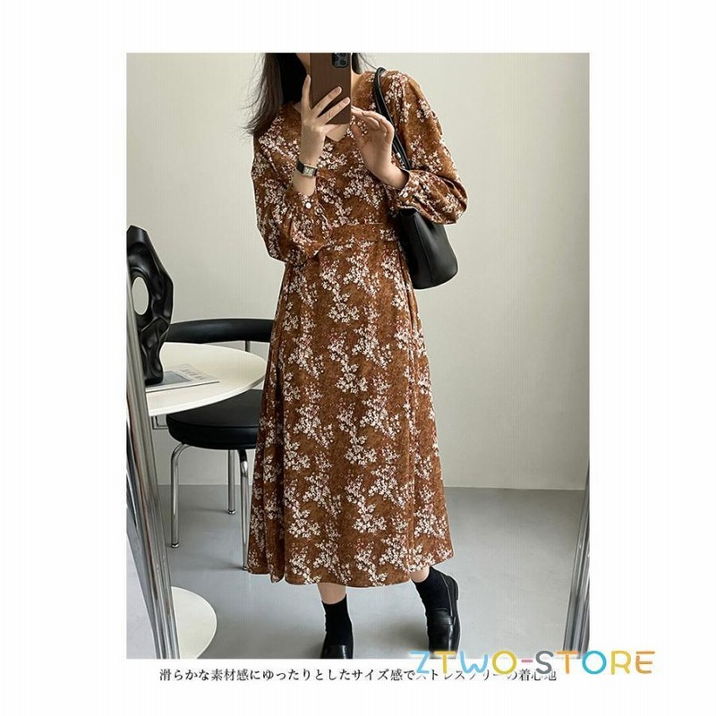 シフォンワンピース 花柄 レトロ レディース 長袖ワンピース Vネック 