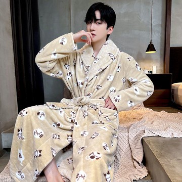 冬季男士睡袍中長款加絨加厚保暖珊瑚絨青少年學生2024新款浴袍男