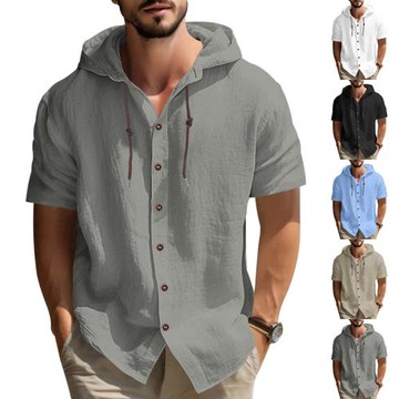 【跨境歐碼男裝】寬松連帽開衫休閑短袖抽繩亞麻純色夏季男士上衣