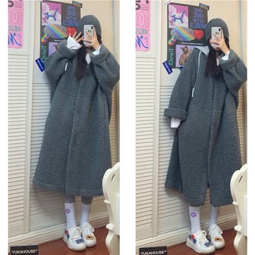 【M-5XL大尺碼】大尺碼女裝 秋冬外套 保暖外套 冬季2-300斤胖MM連帽長款女寬鬆慵懶風拉鍊拼接大碼仿羊羔絨外套
