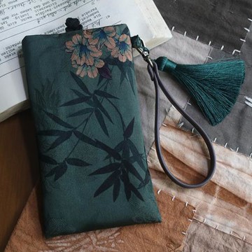 新國風真絲手工斜挎手機袋 原創蘋果6寸保護套手提小布包防摔竹蘭