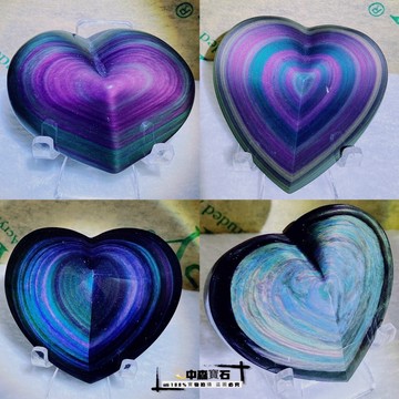 中森寶石🔮頂級 彩虹 黑曜石 愛心水晶 心型 天然水晶擺件 雙邊彩眼 吸收負能量（流動活眼非死眼）彩虹黑曜眼擺件