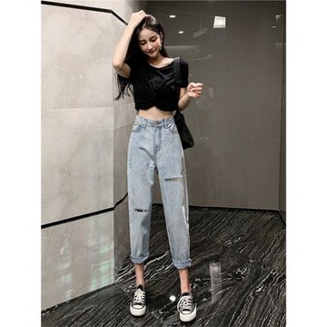 淺色牛仔褲女破洞寬松直筒褲子春秋新款高腰哈倫褲顯瘦九分老爹褲