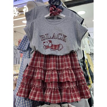 韓版卡通小狗刺繡T恤+格紋半身裙2025春夏季新款時尚三件套女326K
