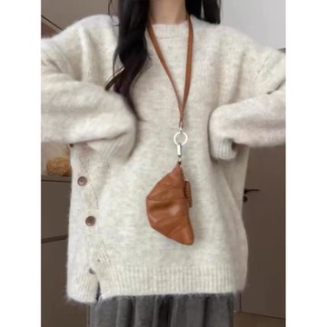 奶fufu慵懶軟糯馬海毛毛衣外套女秋季設計感小眾別致開叉針織上衣