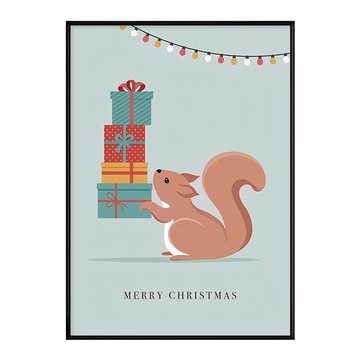 畫作 送禮物的小松鼠  聖誕快樂裝飾畫  30 x 40cm  黑色
