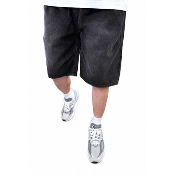 『老爺有喜』重磅立體斜拼接牛仔寬短褲(NOF2507B88019)-黑 潑漆破壞 日系 阿美咔嘰 牛仔褲 工裝 五分褲