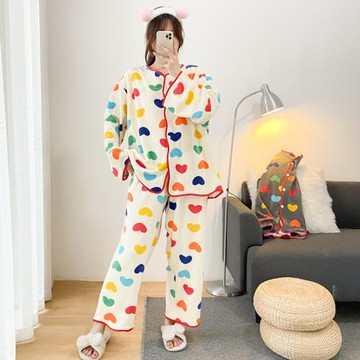 加厚大碼棉仔絨睡衣開衫寬松兩件套秋冬200斤胖MM保暖加絨家居服