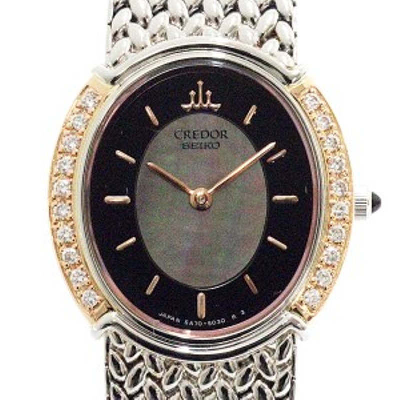 SEIKO セイコー レディース腕時計 クレドール シグノ ダイヤベゼル 5A70-3000 クォーツ ブラック/シェル文字盤 電池交換済