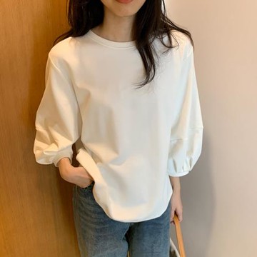 2023秋季白色長袖t恤女裝歐貨別致小眾寬松設計感燈籠袖棉質上衣