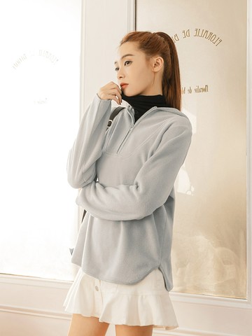 保暖純色搖粒絨半開襟連帽上衣