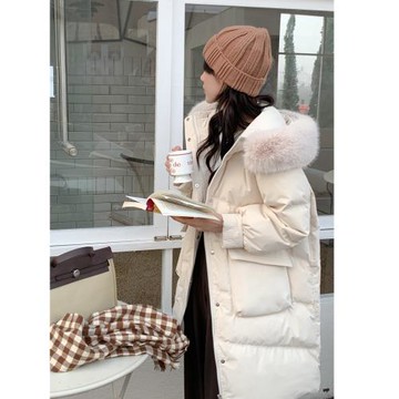 歐美高端大牌2024冬季中長款白色大毛領白鴨絨羽絨服女外套